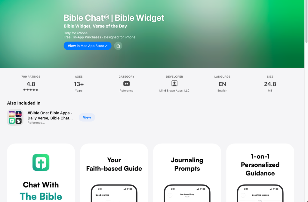 Screenshot of the Bible Chat | Bible Widget app page, showing app details such as ratings, age 13+, reference category, developer Bimi Bimi Apps, English language, 24.8 MB size, and preview images of the app’s features.