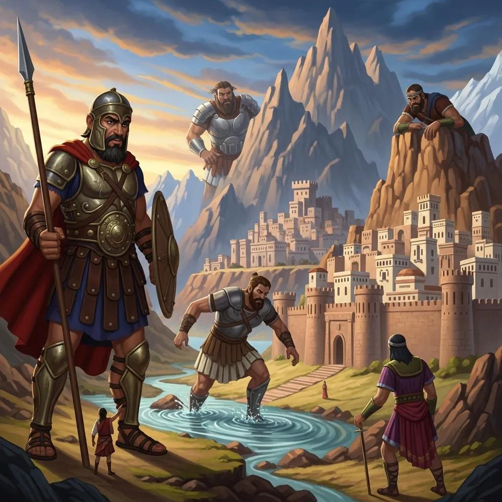 Four armored giants interact with a mountainous, walled city; one stands guard, one wades through a river, and two loom over peaks. Human figures appear tiny beside the colossal warriors under a dramatic sky.