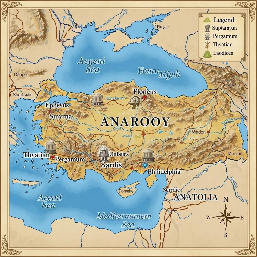 Fantasy map titled ANAROOY featuring mountainous terrain, labeled cities (Suptarum, Pergamum, Thyatian, Laodicea, Ploriens, Smyna, Sardis, Philadelphia), seas, and decorative icons for landmarks.