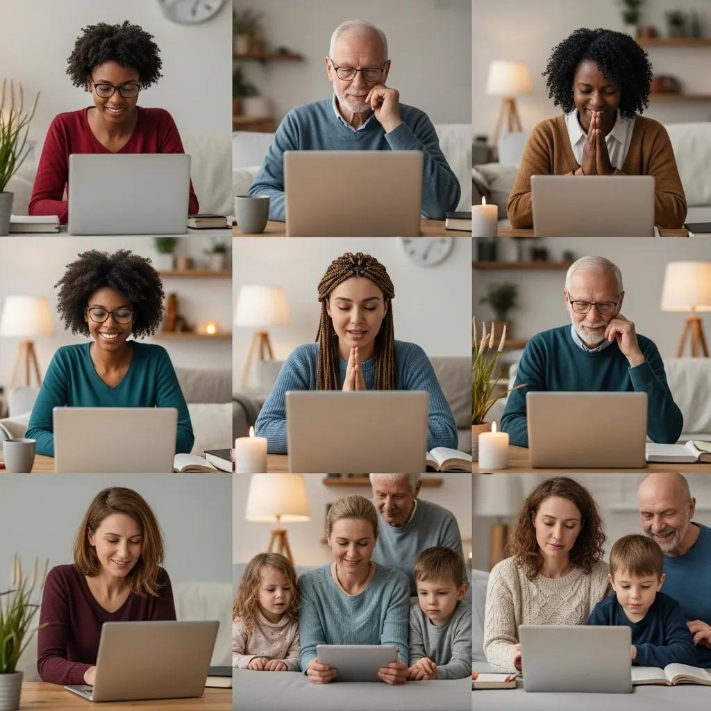 A collage of nine images shows diverse people and families of different ages using laptops and tablets at home, looking engaged and smiling while interacting with their screens.
