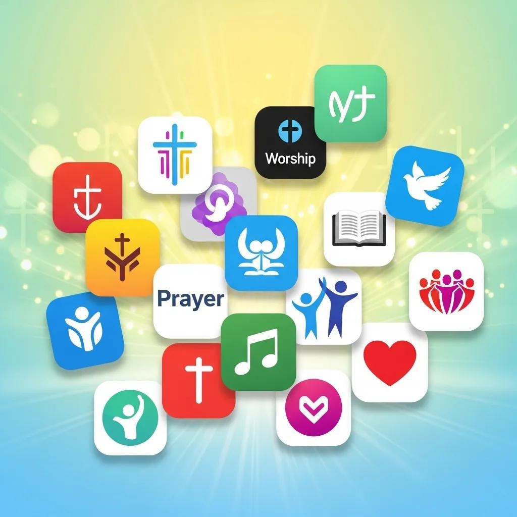 A collection of colorful app icons with symbols for prayer, worship, music, hearts, crosses, open books, doves, and people, set against a glowing gradient background.