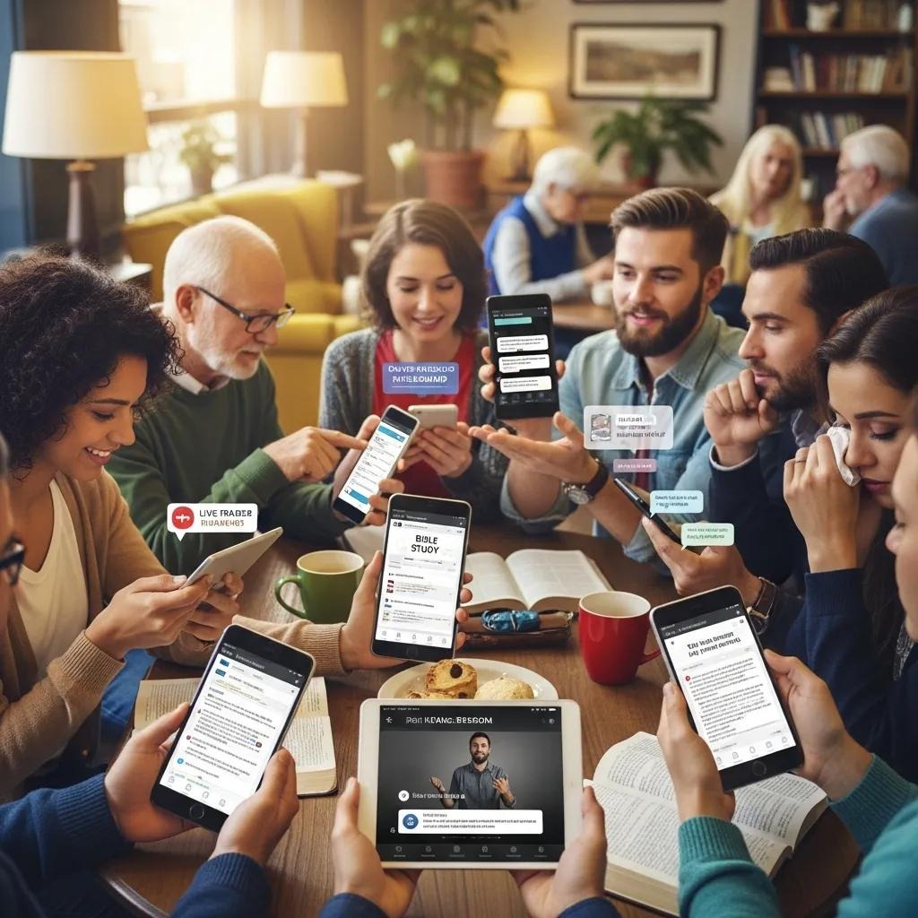 A diverse group of people sit around a table in a cozy café, each holding a smartphone displaying Bible study apps and messages, engaging in discussion and sharing insights together.