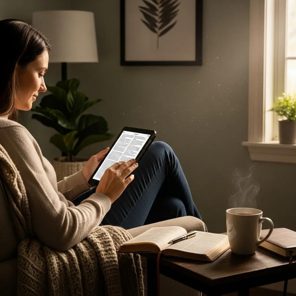 A woman sits in a cozy chair by a window, reading on a tablet. A blanket is draped over her lap, with a notebook and a steaming mug on the table nearby. Soft sunlight filters into the warm, inviting room.