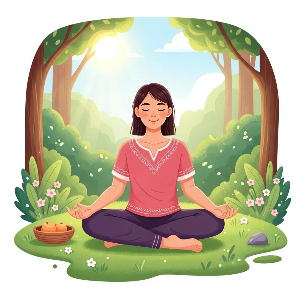 A woman sits cross-legged on grass in a sunlit forest, meditating with eyes closed and a peaceful expression. She wears a pink top and dark pants. A basket of fruit rests nearby among flowers and greenery.