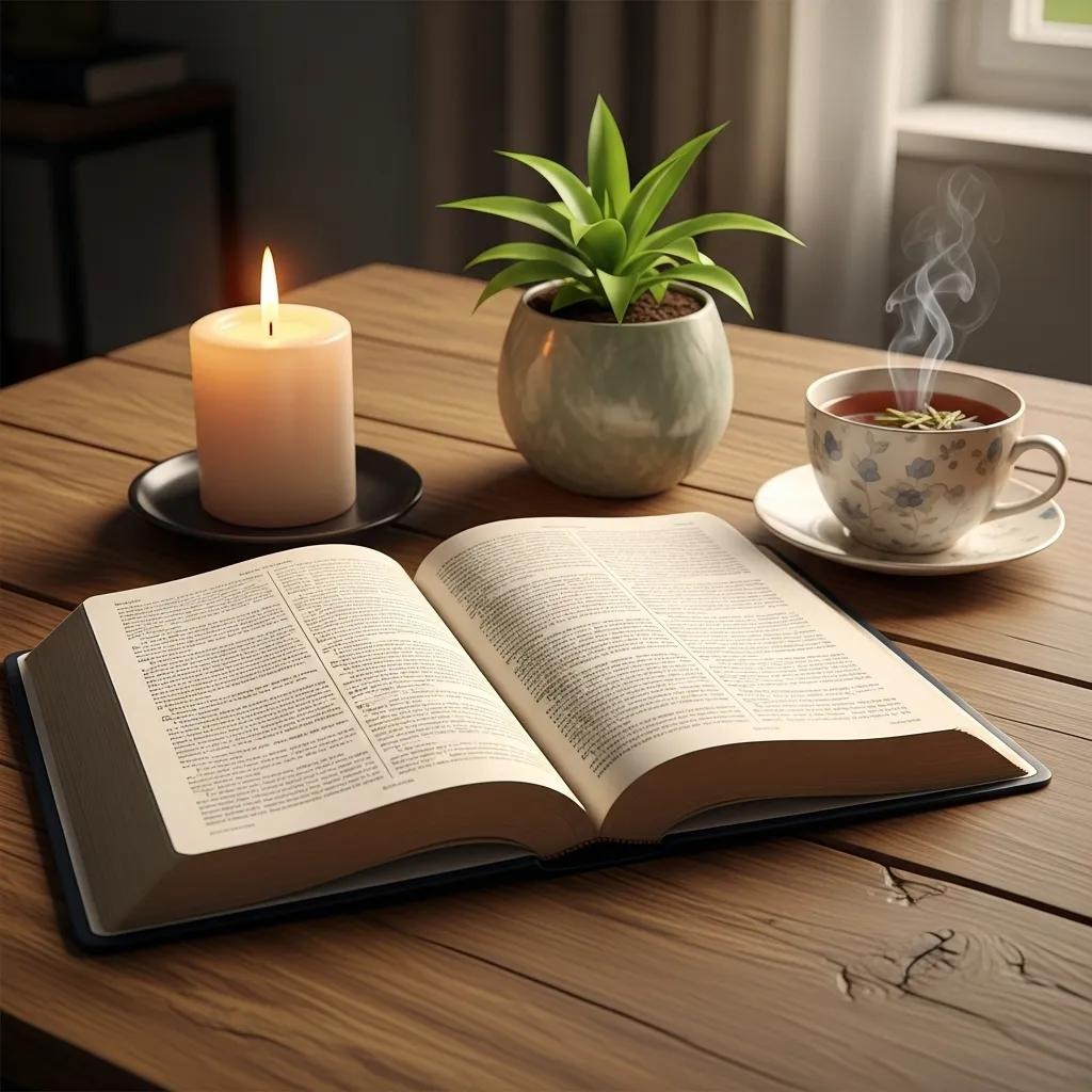 An open book lies on a wooden table beside a lit candle, a potted plant, and a steaming cup of tea in a floral teacup, creating a warm and cozy reading atmosphere.