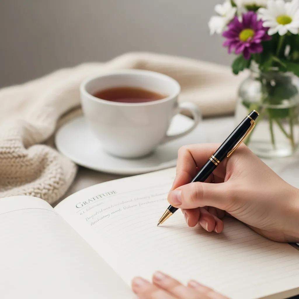 A person writes in a gratitude journal with a pen on a table beside a cup of tea, a cozy beige knitted blanket, and a vase of purple and white flowers.