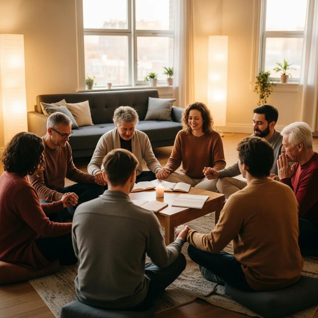 A group of people sit in a circle on the floor of a cozy, well-lit living room, holding hands and smiling, with books and a lit candle on a low table in the center.
