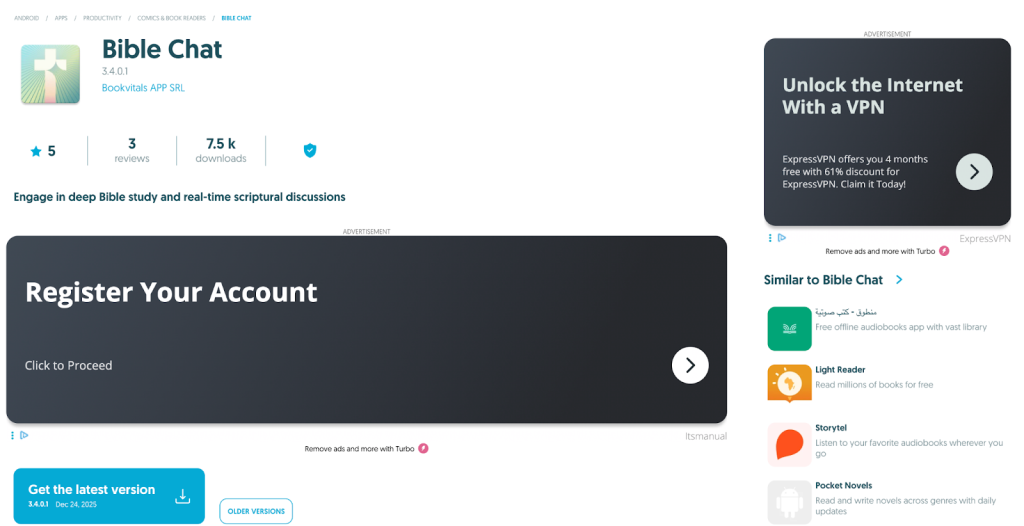 Screenshot of a Bible Chat app page showing version, downloads, and features. Large ads say Register Your Account and Unlock the Internet With A VPN. A sidebar lists similar apps and a button for the latest version is visible.