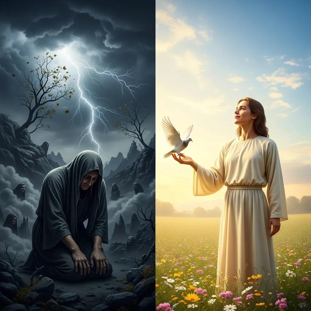 A split image: left side shows a hooded figure kneeling in a dark, stormy landscape with lightning; right side shows a woman in white releasing a dove in a bright, sunny field of flowers.