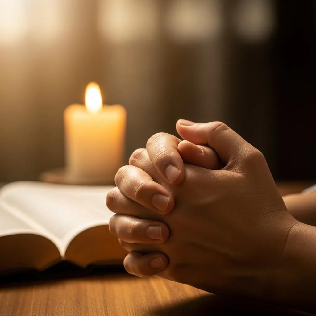 A person’s hands are clasped in prayer over an open book on a wooden table, with a lit candle softly glowing in the background.