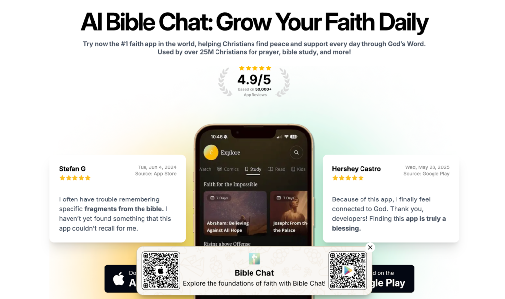 A promotional image for “AI Bible Chat” features a smartphone displaying the app interface, a 4.9/5 rating, user testimonials, and QR codes for downloading the app, all on a light background.