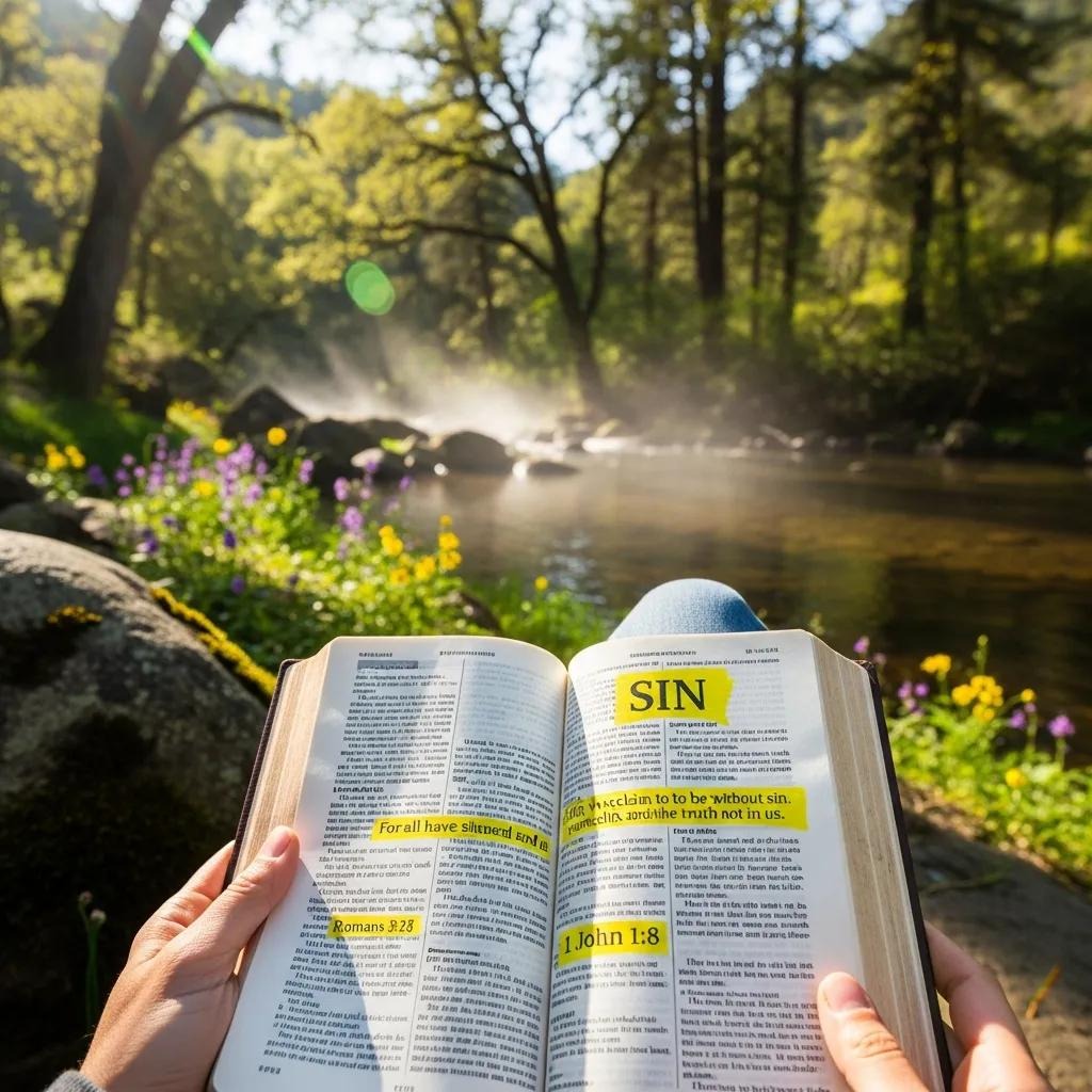 A person reads an open Bible with highlighted verses while sitting by a sunlit river, surrounded by rocks, wildflowers, and tall trees in a peaceful natural setting.
