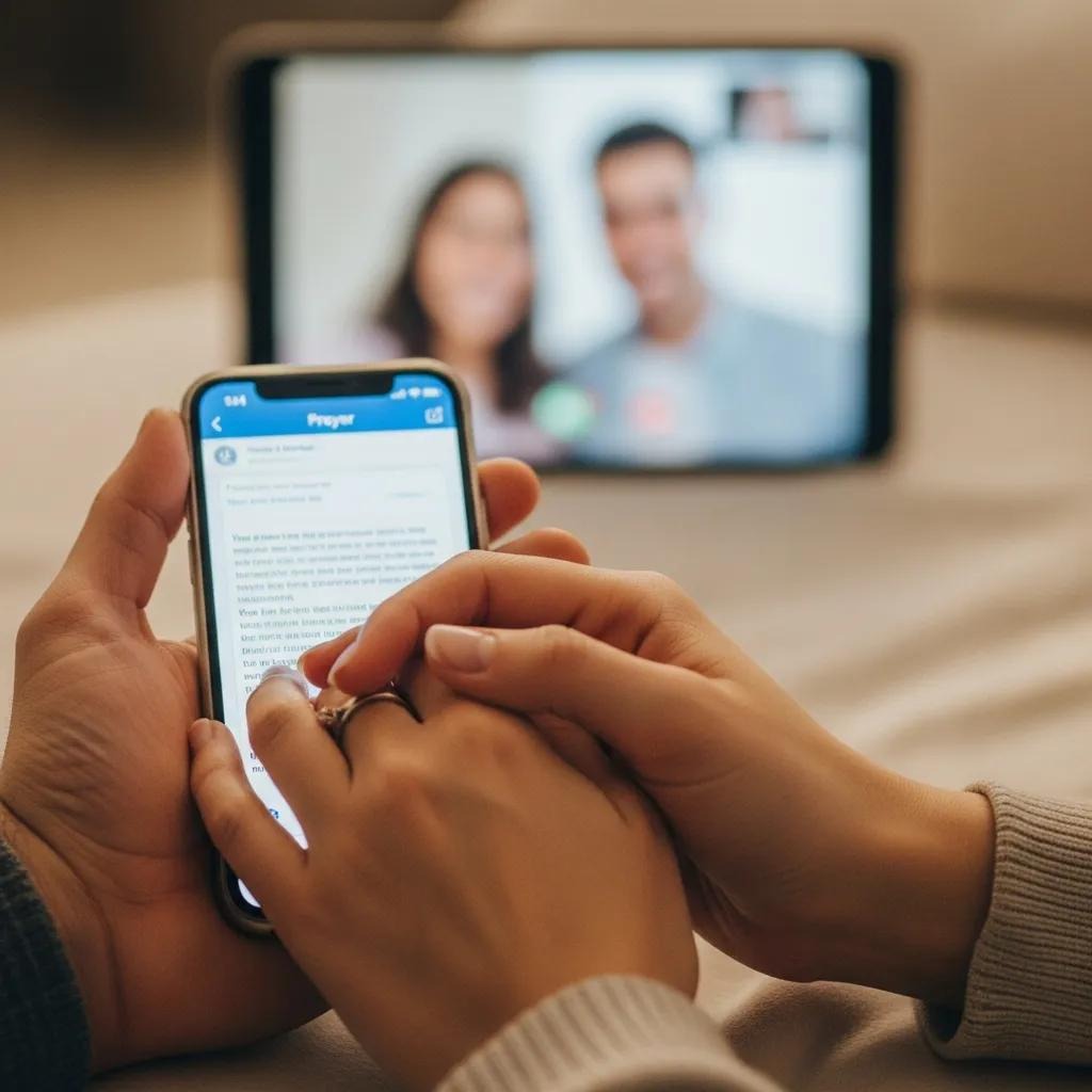 Two people hold hands while one reads from a phone. In the background, a video call with a blurred couple is visible on a tablet, suggesting a virtual gathering or shared moment.