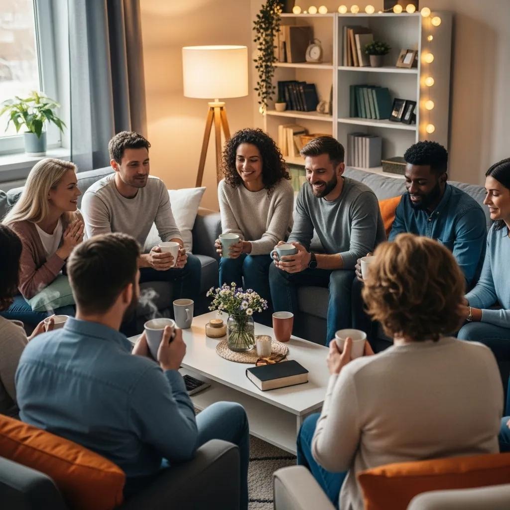 A group of people sit in a cozy living room, gathered in a circle on sofas and chairs, holding mugs and smiling as they talk. A coffee table with flowers and books is in the center, and warm lighting fills the space.