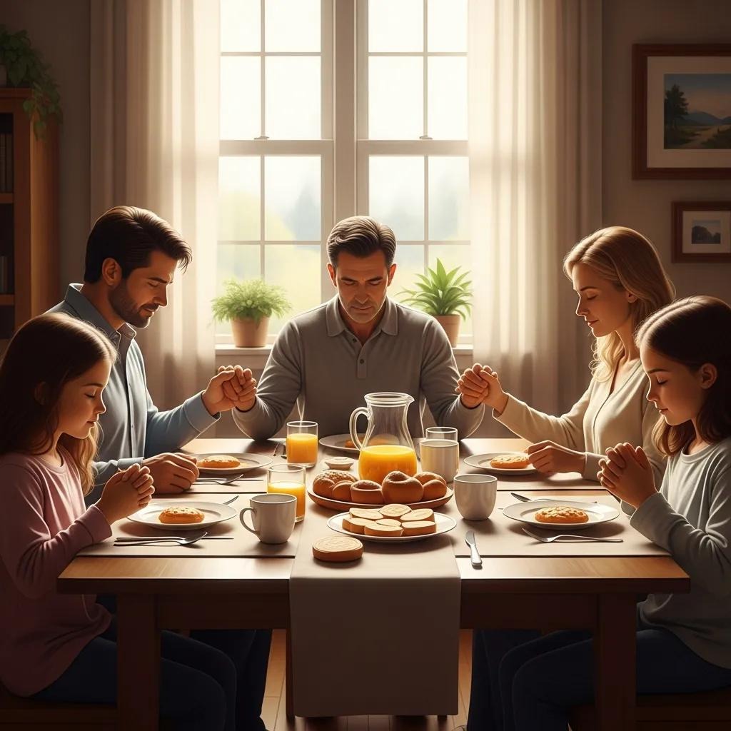A family of five sits around a dining table, holding hands and praying before breakfast. Sunlight streams through large windows behind them, and the table is set with juice, muffins, and plates of food.
