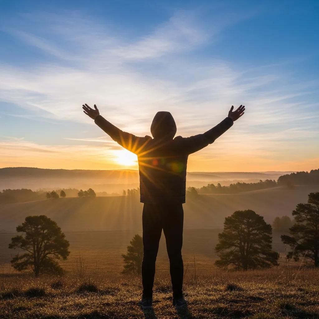 A person in a hoodie stands on a hill with arms raised, facing a sunrise over a misty landscape with trees and distant hills under a colorful sky.