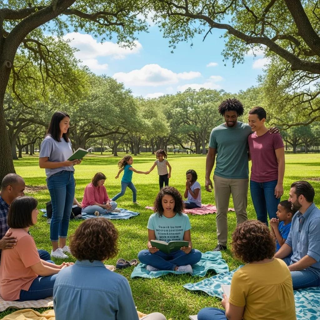 A diverse group of adults and children gather outdoors on blankets under large trees, listening to someone read from a book, while kids play in the background on a sunny day.