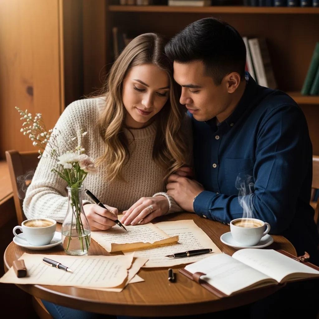 A couple sits closely at a round café table, writing letters together. They are surrounded by coffee cups, flowers in a vase, and open notebooks, creating a warm and cozy atmosphere.