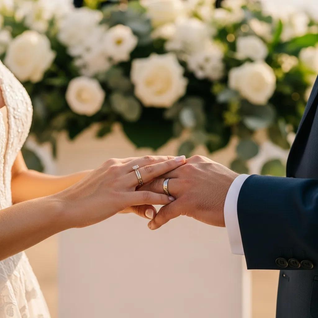 A bride and groom hold hands, showing their wedding rings. The bride wears a white dress and the groom wears a dark suit. White flowers are visible in the blurred background.
