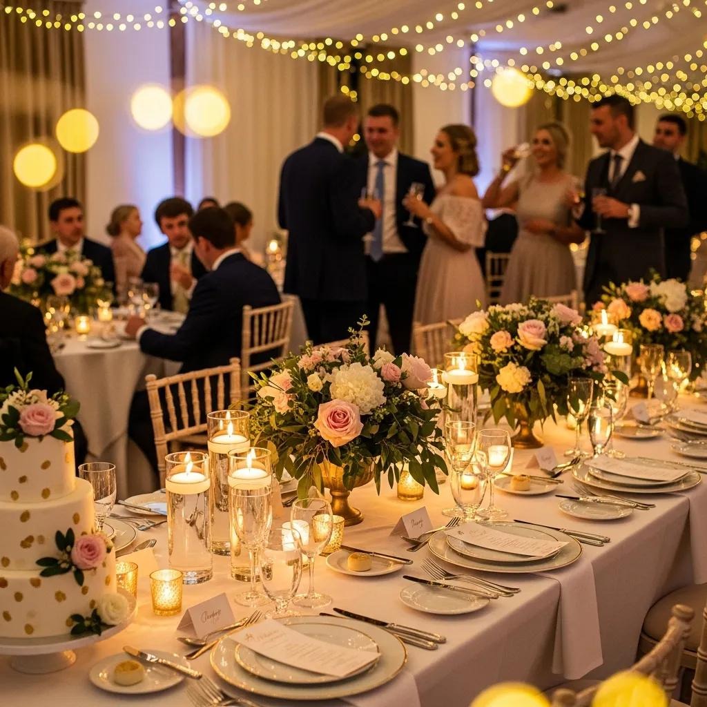 Elegant wedding reception with guests in formal attire mingling and sitting at candlelit tables decorated with pink and white flowers, gold accents, and a tiered cake, under warm, glowing string lights.