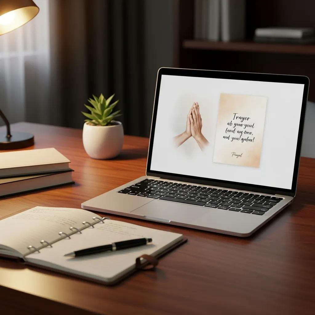 A laptop on a wooden desk displays an image of praying hands and a prayer quote. Nearby are an open notebook with a pen, stacked books, a potted plant, and a lit lamp in a cozy room.