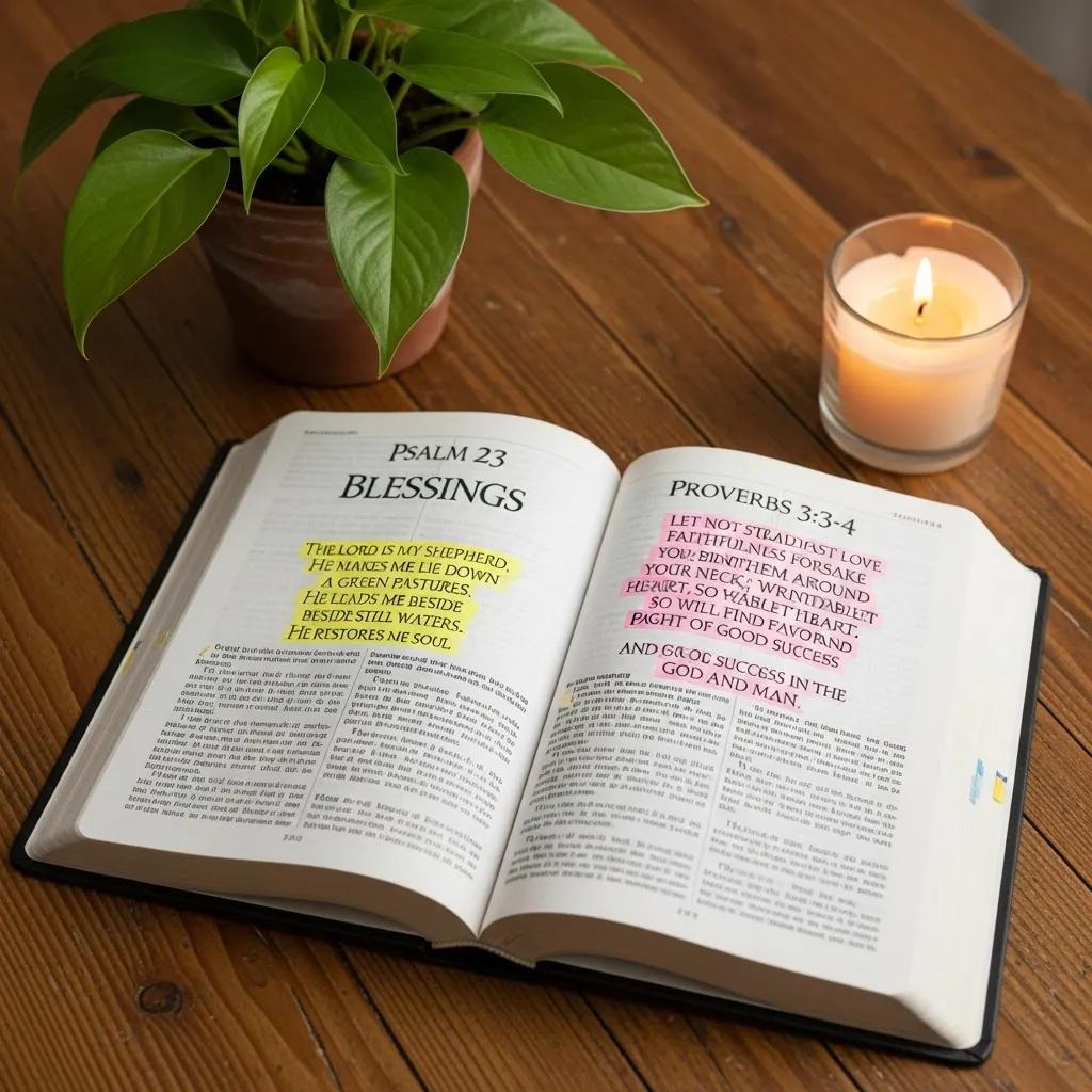 An open Bible on a wooden table shows highlighted verses, next to a potted plant and a lit candle. The text includes Psalm 23 and Proverbs 3:3-4.