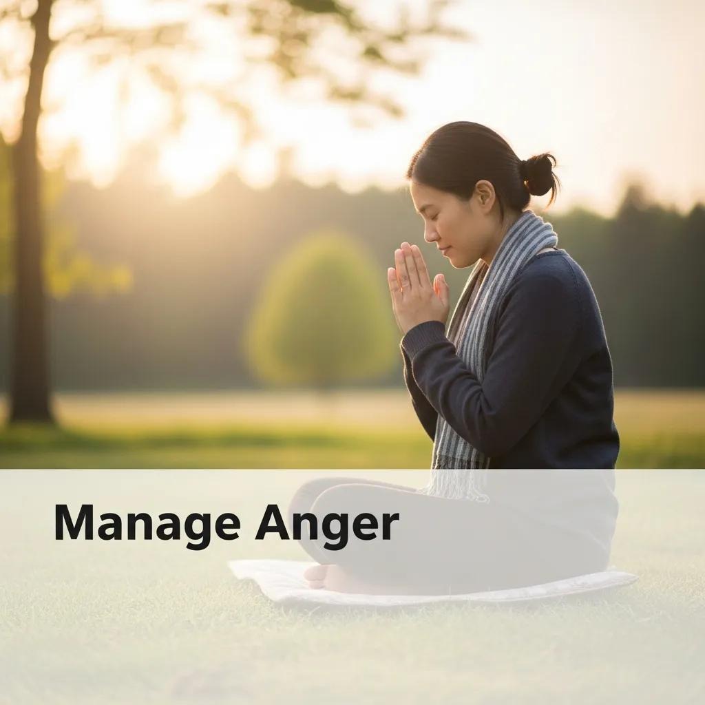 A woman sits cross-legged on a mat outdoors, eyes closed, hands together in prayer, practicing mindfulness. The text Manage Anger appears across the image.