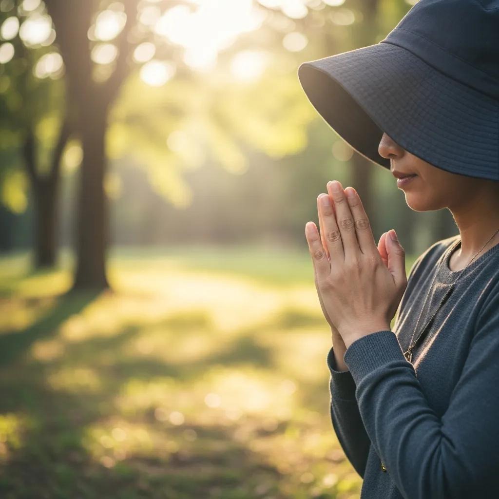 A person wearing a wide-brimmed hat and long-sleeved shirt stands outdoors in a sunlit park, holding their hands together in prayer or meditation, with a peaceful expression.
