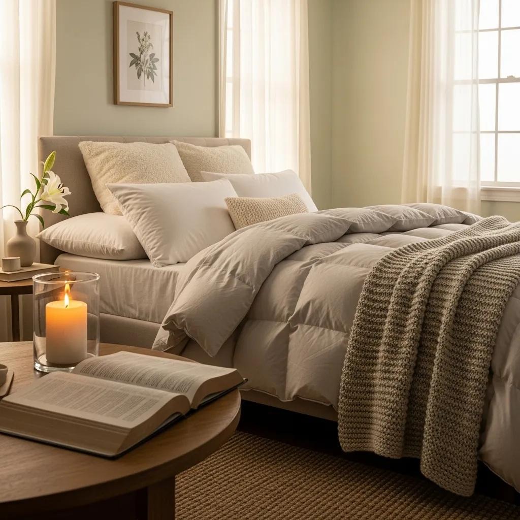 A cozy bedroom with a neatly made bed featuring white bedding and a knitted blanket. A lit candle, an open book, and a vase with white lilies sit on a round wooden table. Soft light filters through sheer curtains.