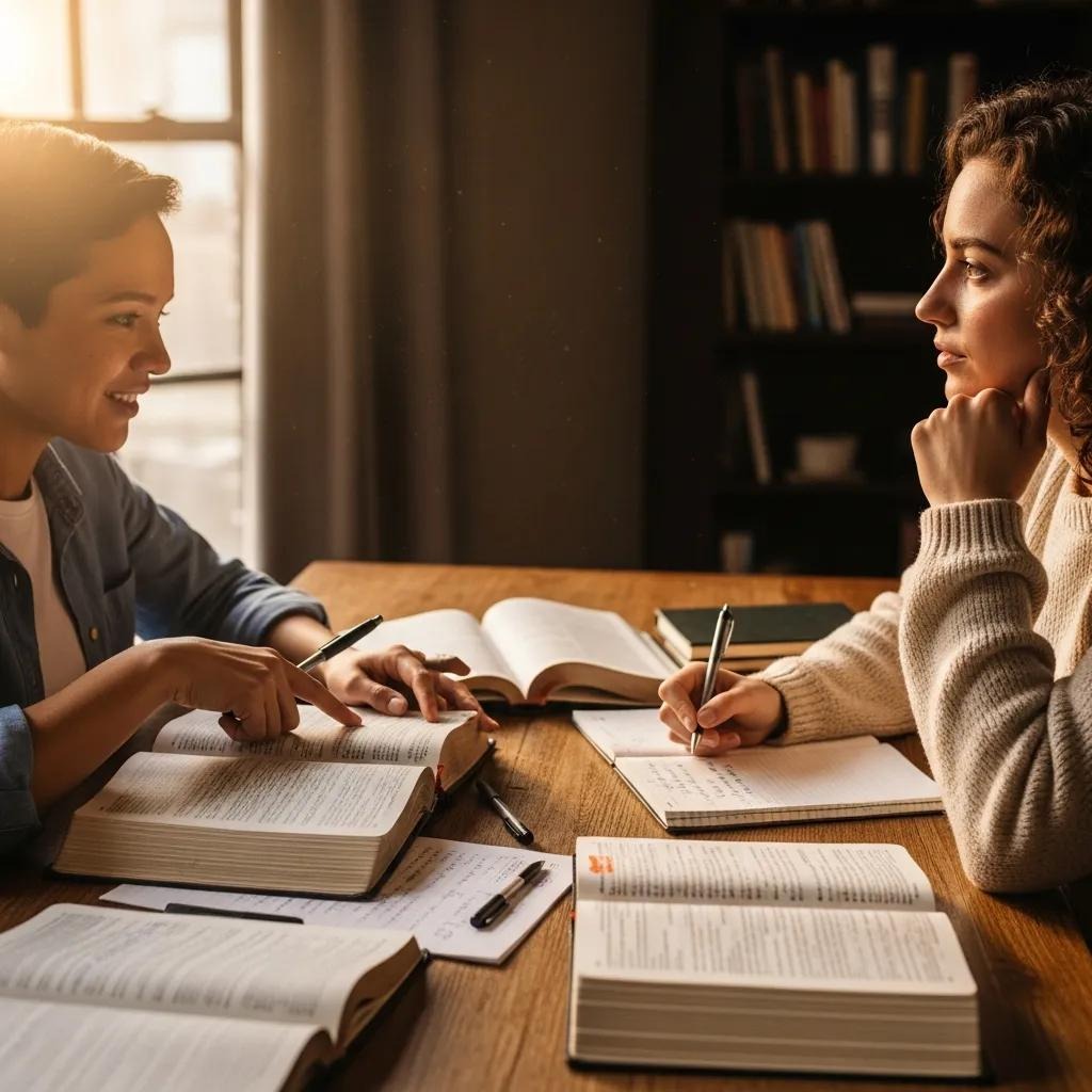 Two women sit at a wooden table with open books and notebooks, studying and discussing together in a warmly lit room with a bookshelf in the background.
