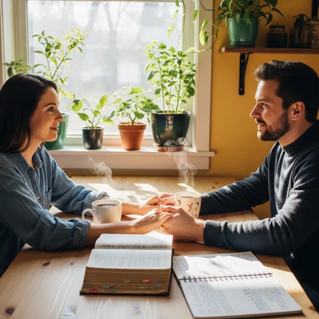 A couple sits at a wooden table, holding hands and smiling at each other. They have coffee mugs, an open notebook, a book, and several potted plants on the windowsill beside them, with sunlight streaming in.
