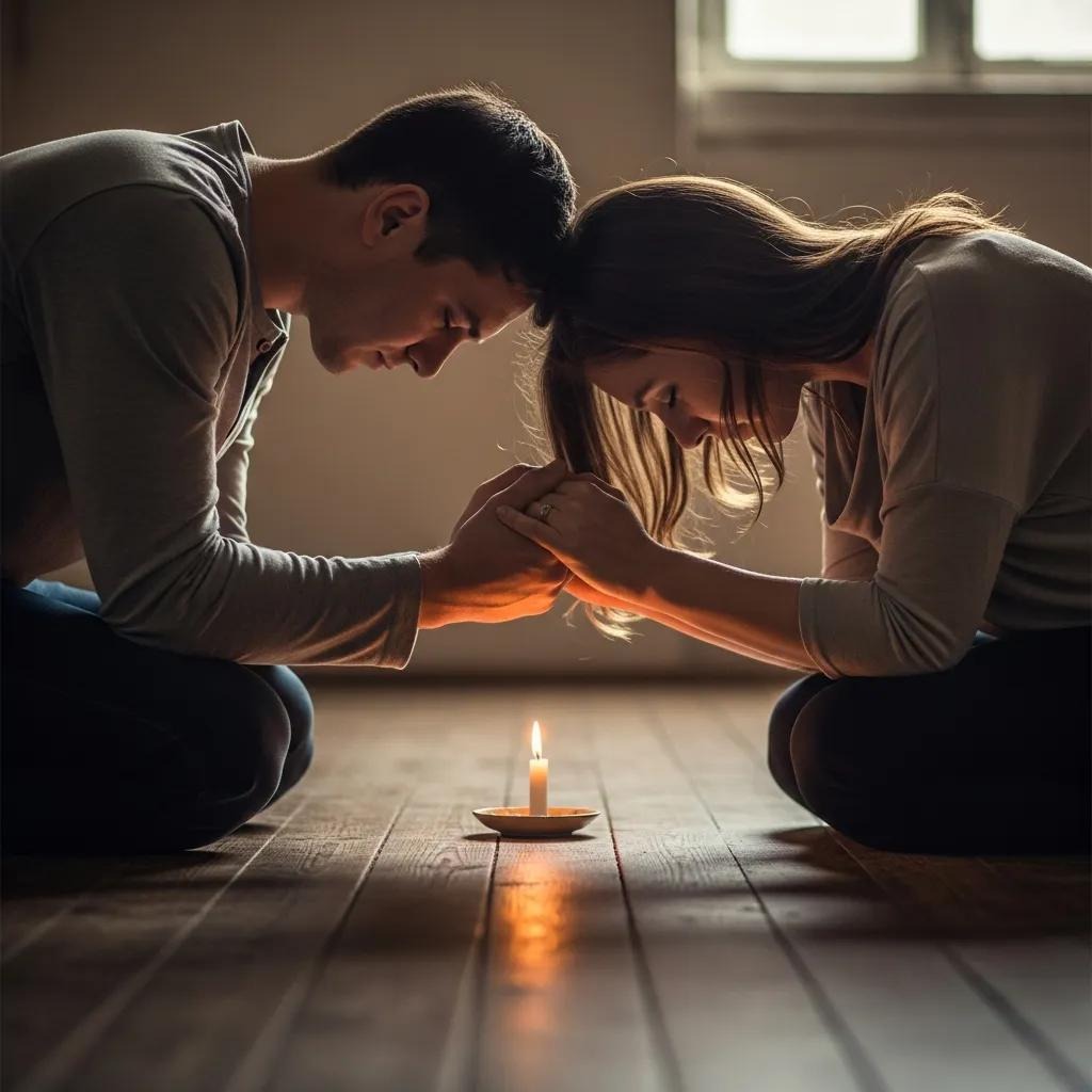 A man and woman sit facing each other on a wooden floor, heads touching and holding hands over a lit candle, appearing deep in thought or prayer in a softly lit room.