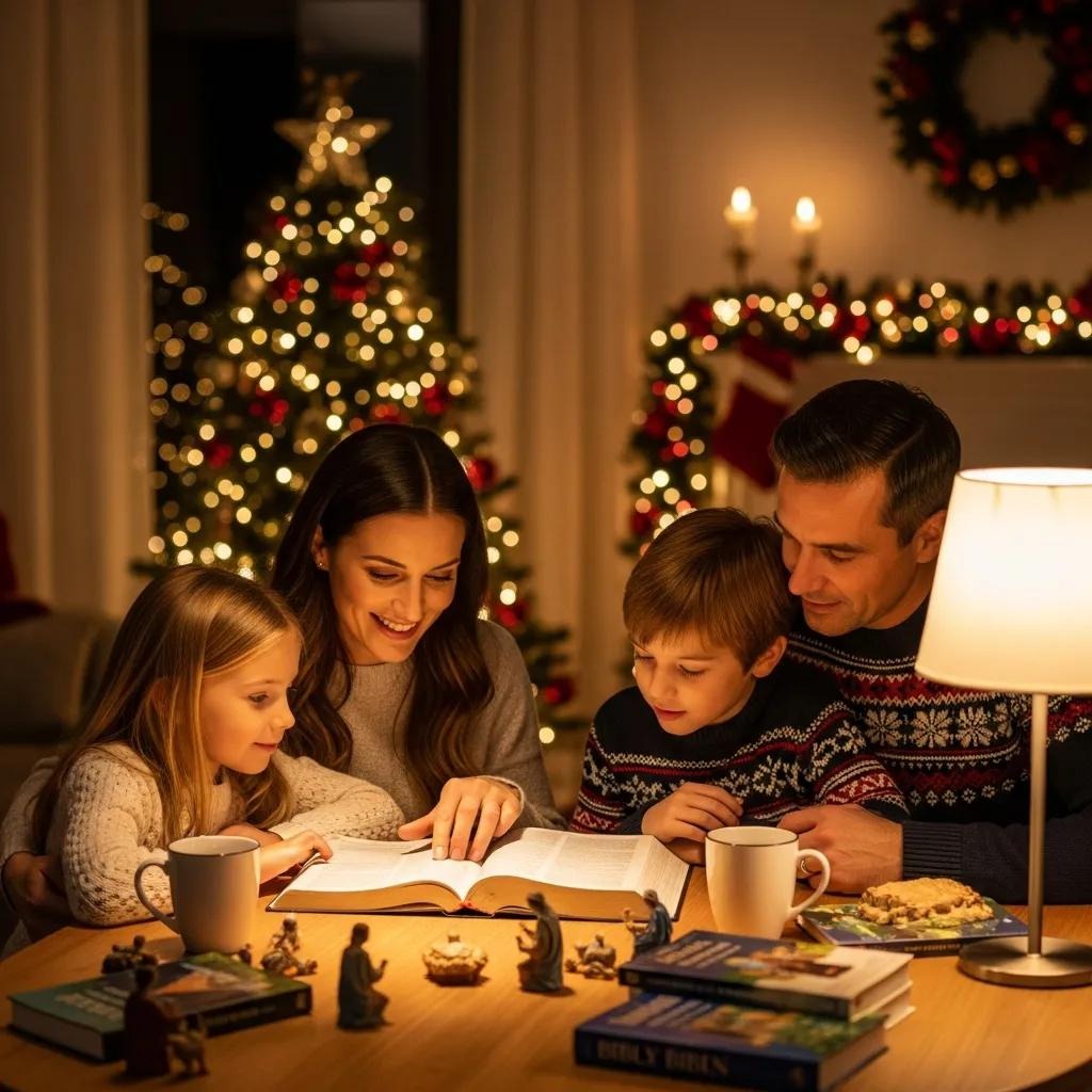A family of four sits at a table reading a book together, surrounded by Christmas decorations, a lit tree, mugs, and nativity figurines, creating a warm and festive holiday scene.