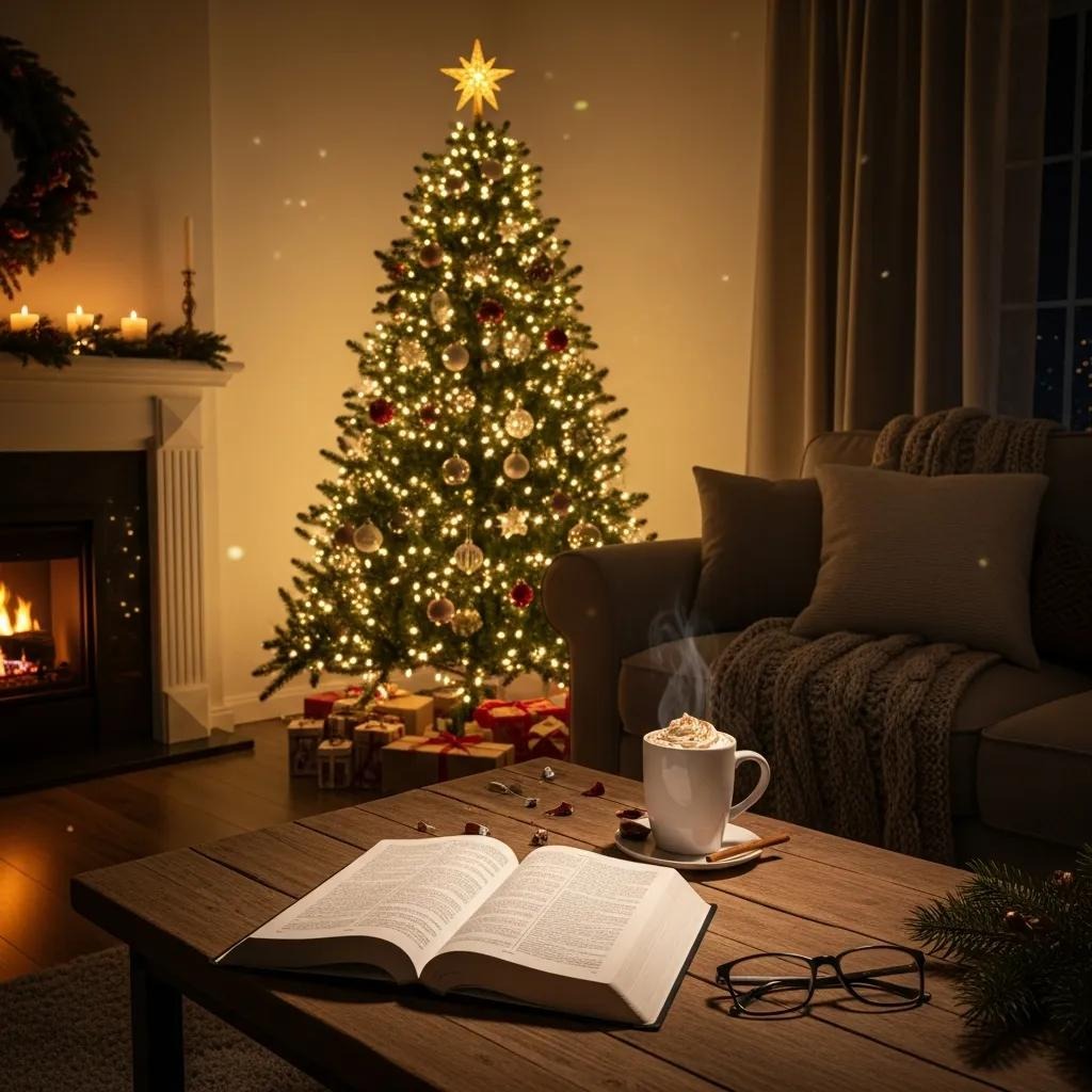A cozy living room with a lit Christmas tree, a fireplace, and candles. An open book, glasses, and a mug of hot chocolate with whipped cream sit on a wooden table, surrounded by festive decorations and presents.