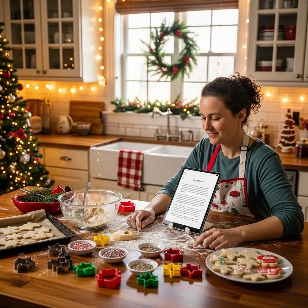 A woman in a festive kitchen uses a tablet to read a recipe while making Christmas cookies. Cookie cutters, dough, sprinkles, and holiday decorations surround her, with a decorated tree and lights in the background.