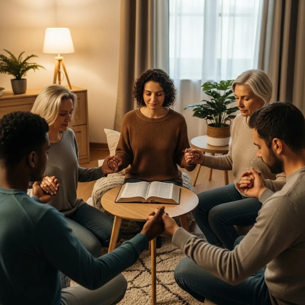 A diverse group of five people sit in a circle holding hands and praying, with an open Bible on a small table in the center. The setting is a cozy living room with warm lighting and potted plants.