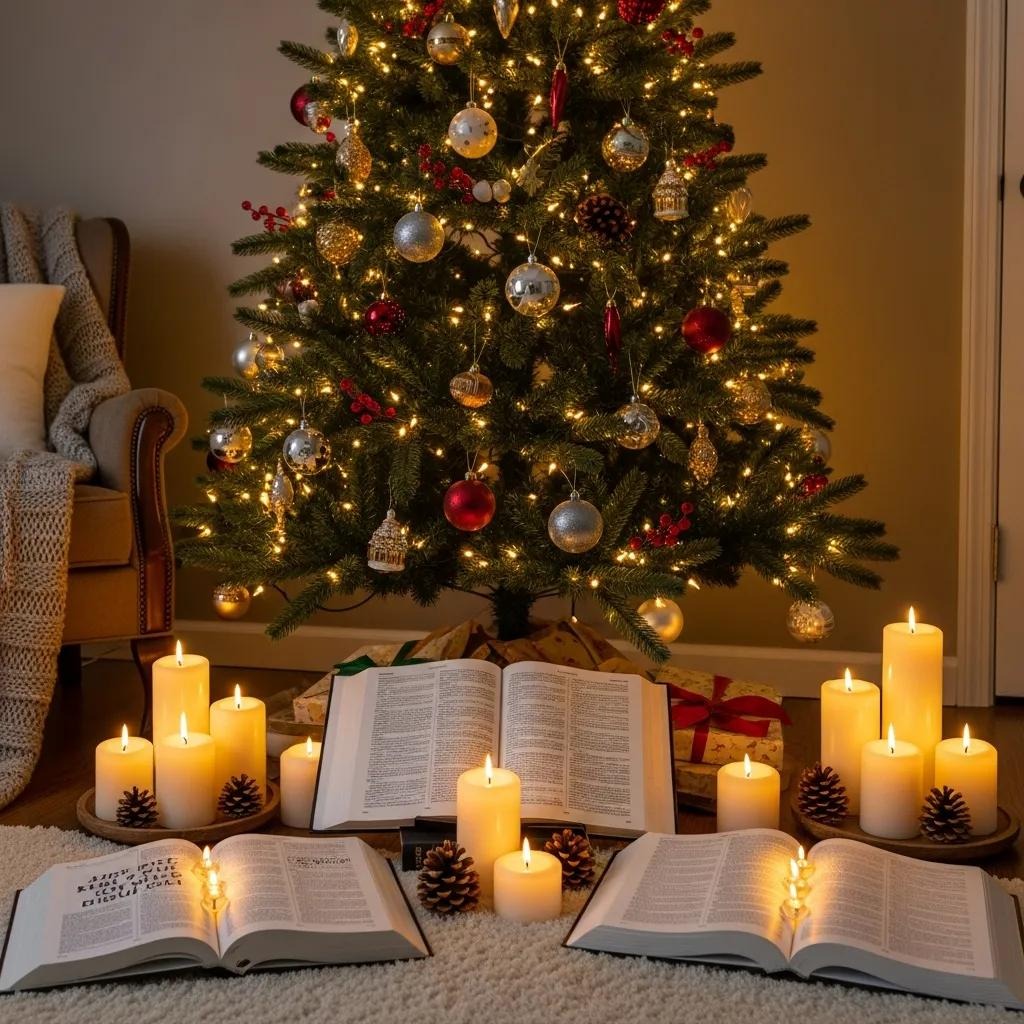 A decorated Christmas tree with string lights and ornaments stands behind open books and lit candles arranged on the floor, creating a cozy, festive atmosphere. Pinecones and wrapped gifts complete the holiday scene.