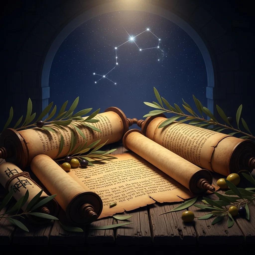 Ancient scrolls with Hebrew writing rest on a wooden table, surrounded by olive branches and olives. Behind them, a night sky shows a glowing constellation through an arched stone window, illuminated by soft light.