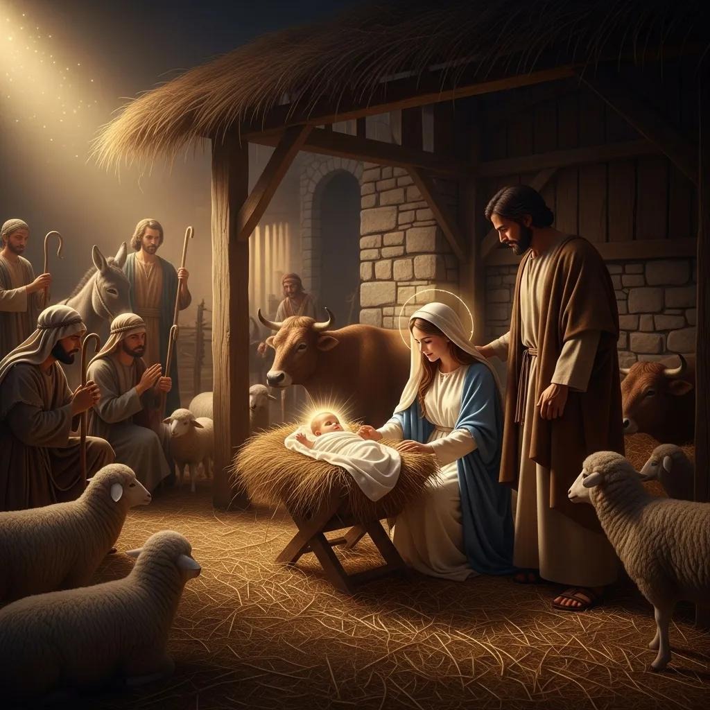 A nativity scene shows Mary and Joseph with baby Jesus in a manger, surrounded by shepherds, sheep, and animals in a stable, with soft light illuminating the figures.