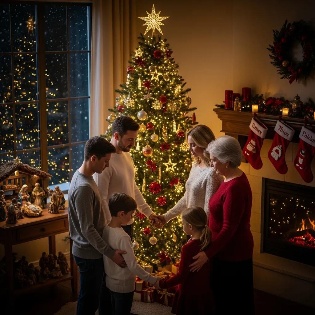 A family of six stands in a circle holding hands in front of a decorated Christmas tree, with stockings on the mantel, a glowing fireplace, and a nativity scene by a window with holiday lights.