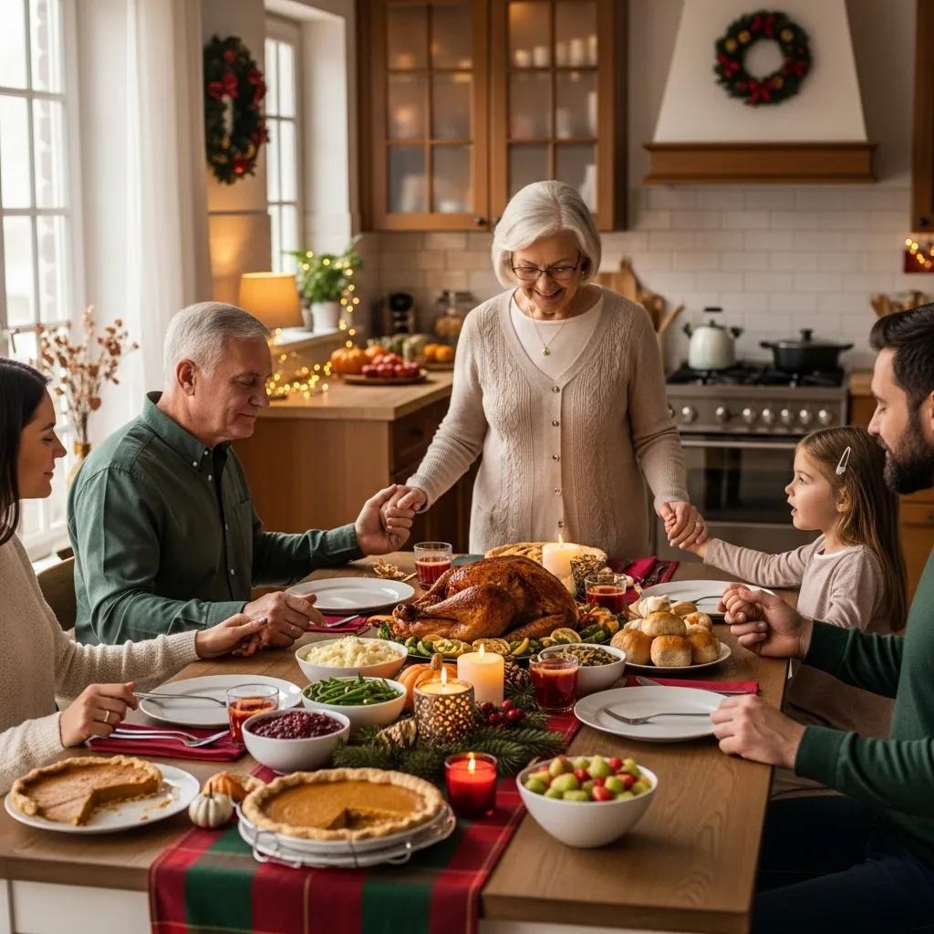 A family of five, including a young girl and elderly woman, sit around a festive dinner table with a roasted turkey and various side dishes, holding hands and giving thanks in a warmly decorated kitchen with holiday wreaths.
