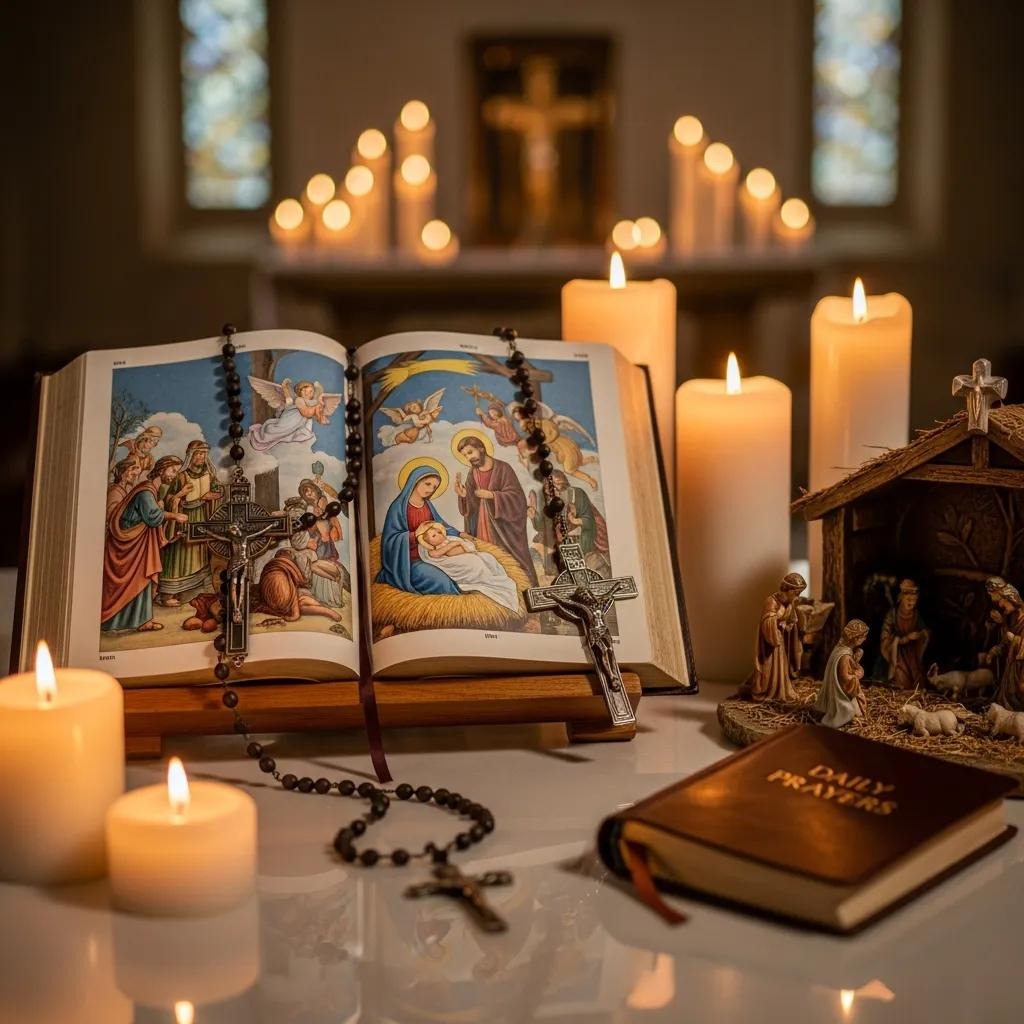 An open Bible with a rosary, a nativity scene, a prayer book, and lit candles are arranged on a table in a softly lit church, creating a peaceful, spiritual atmosphere.