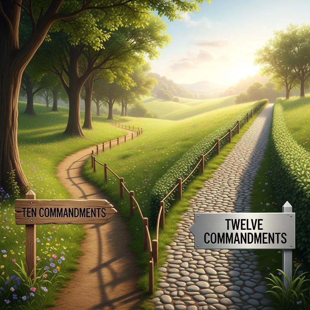 Two paths diverge in a sunny, green landscape. One dirt path has a sign reading TEN COMMANDMENTS, while the cobblestone path’s sign reads TWELVE COMMANDMENTS. Trees and hills complete the peaceful scene.