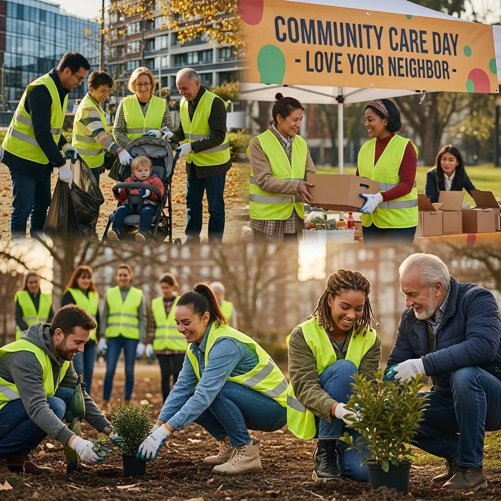 A collage shows volunteers in yellow vests helping on Community Care Day: handing out food, gardening, and interacting with families under a banner that reads “Community Care Day - Love Your Neighbor” in a park setting.