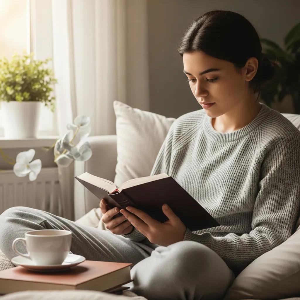 A young woman in cozy loungewear sits on a sofa reading a book, with a cup of coffee and a closed book on the table nearby. Soft natural light comes through a window, and a potted plant is in the background.