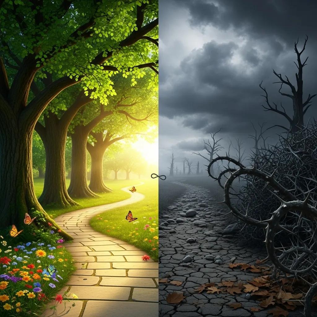 A split-image shows a vibrant, sunlit forest with flowers and butterflies on the left, and a dark, barren, cracked landscape with leafless trees under stormy clouds on the right. An infinity symbol divides the two sides.