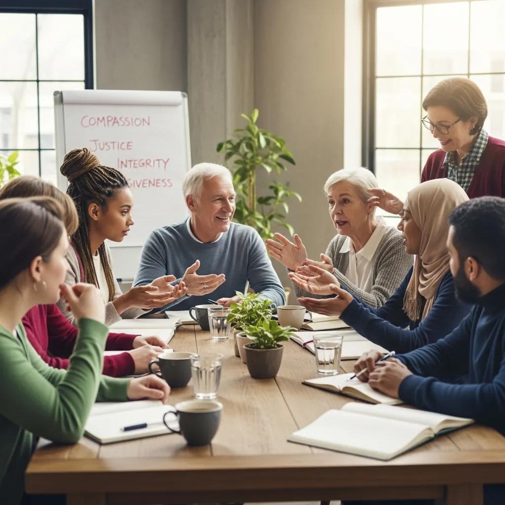 A diverse group of people sit around a table in a meeting room, actively discussing. Notebooks, coffee cups, and plants are on the table. A flip chart in the background lists “Compassion, Justice, Integrity, Forgiveness.”.