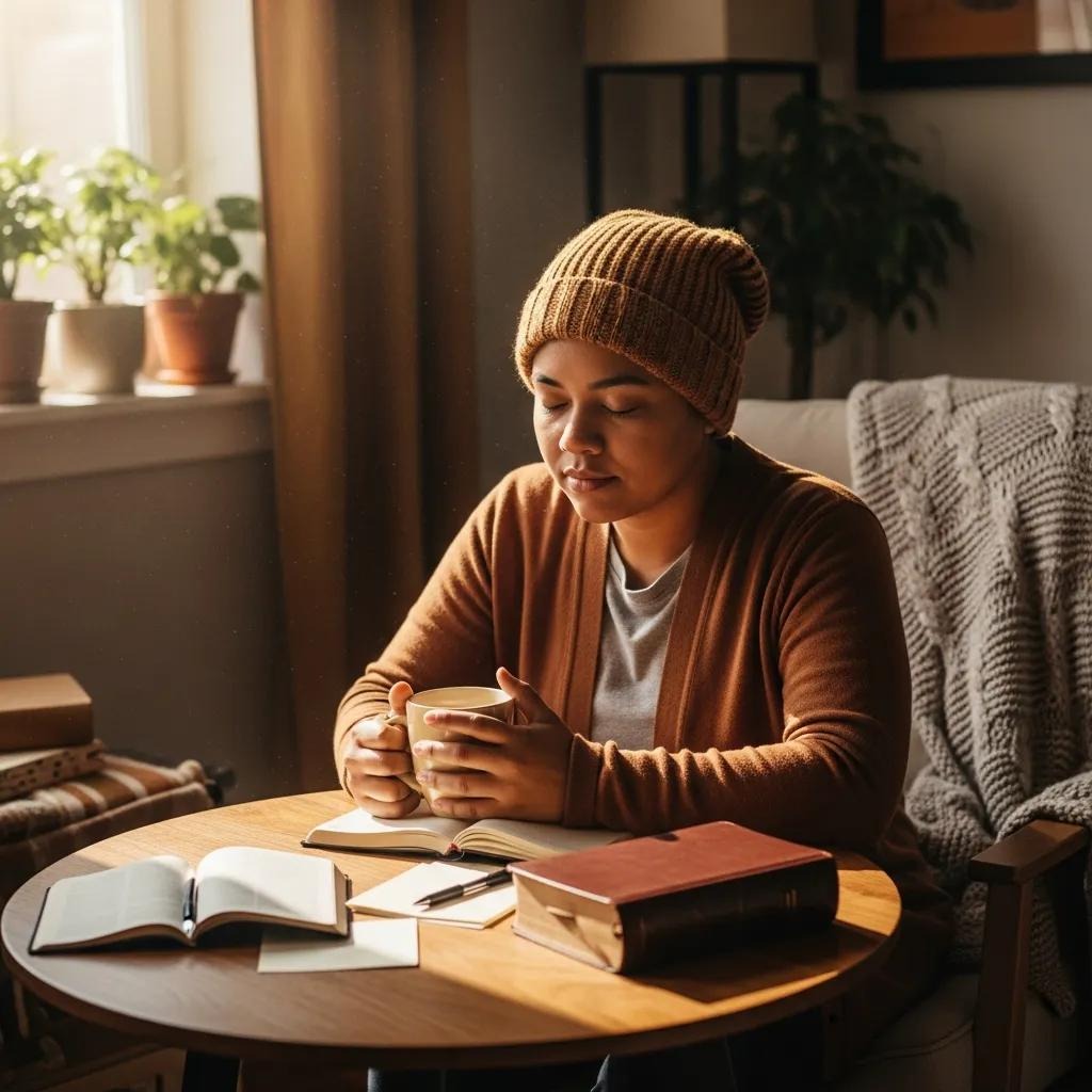A person wearing a knit beanie and cardigan sits at a round table with books and notebooks, holding a mug. Sunlight streams in through a window with potted plants, creating a cozy atmosphere.