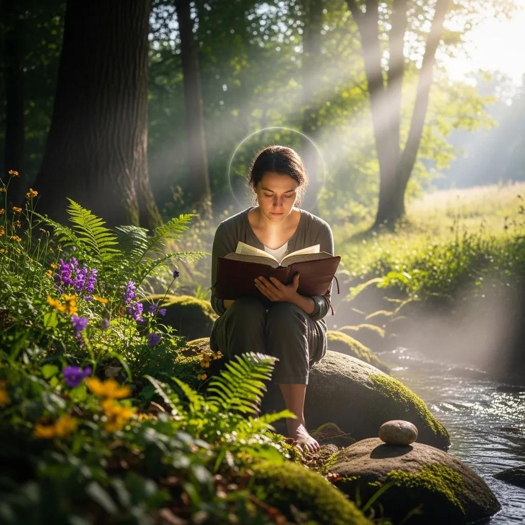 A young woman sits on a mossy rock by a stream in a sunlit forest, reading a book. Sunbeams filter through the trees, and wildflowers and ferns surround her, creating a peaceful, natural setting.