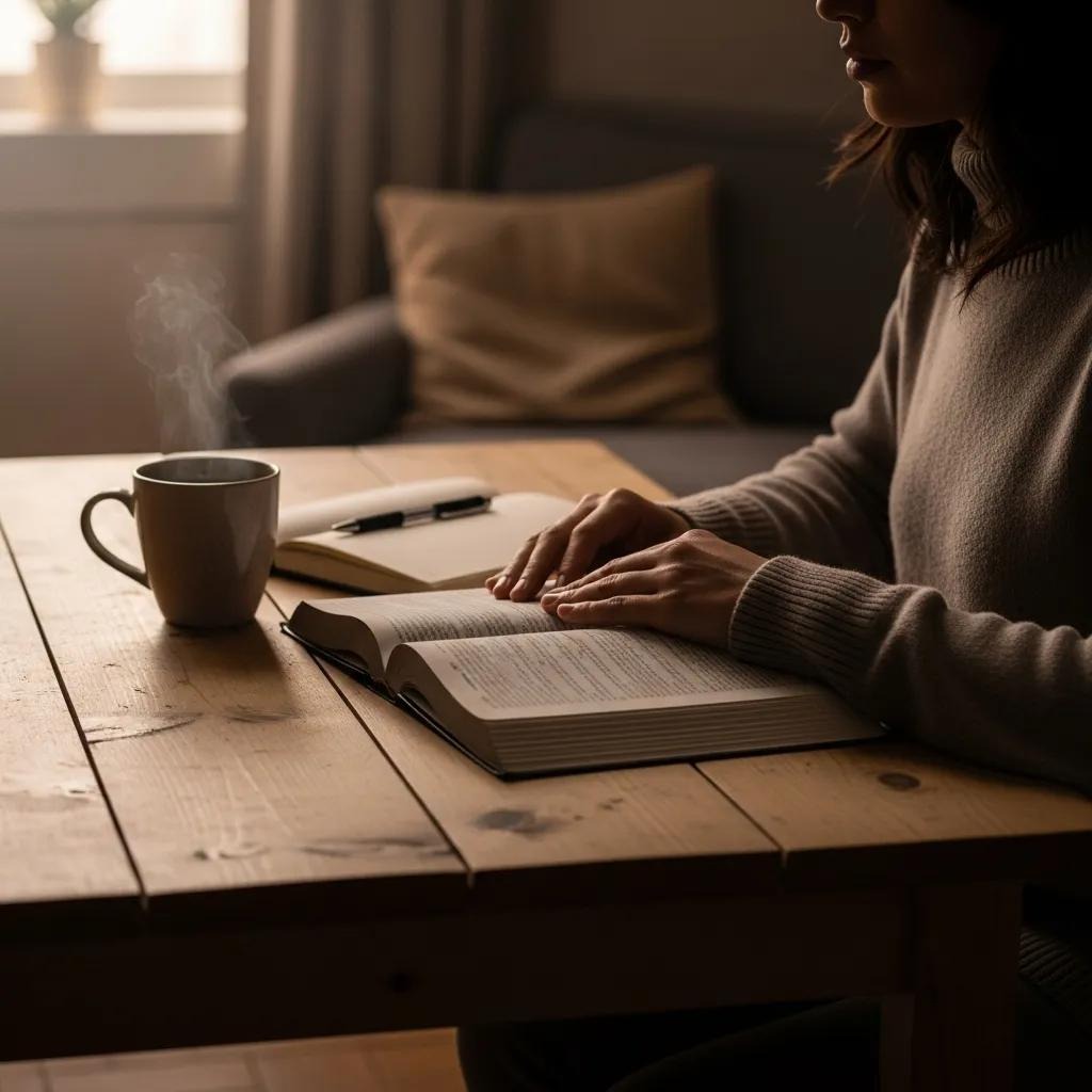A person sits at a wooden table reading a book with one hand, while a notebook, pen, and steaming mug are nearby. Soft light comes through a window, creating a cozy, calm atmosphere.
